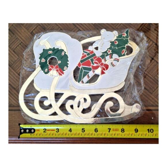 Vintage Silver Plated Holiday Sleigh Trivet Enamel Hot Plate Never Used - Picture 1 of 11